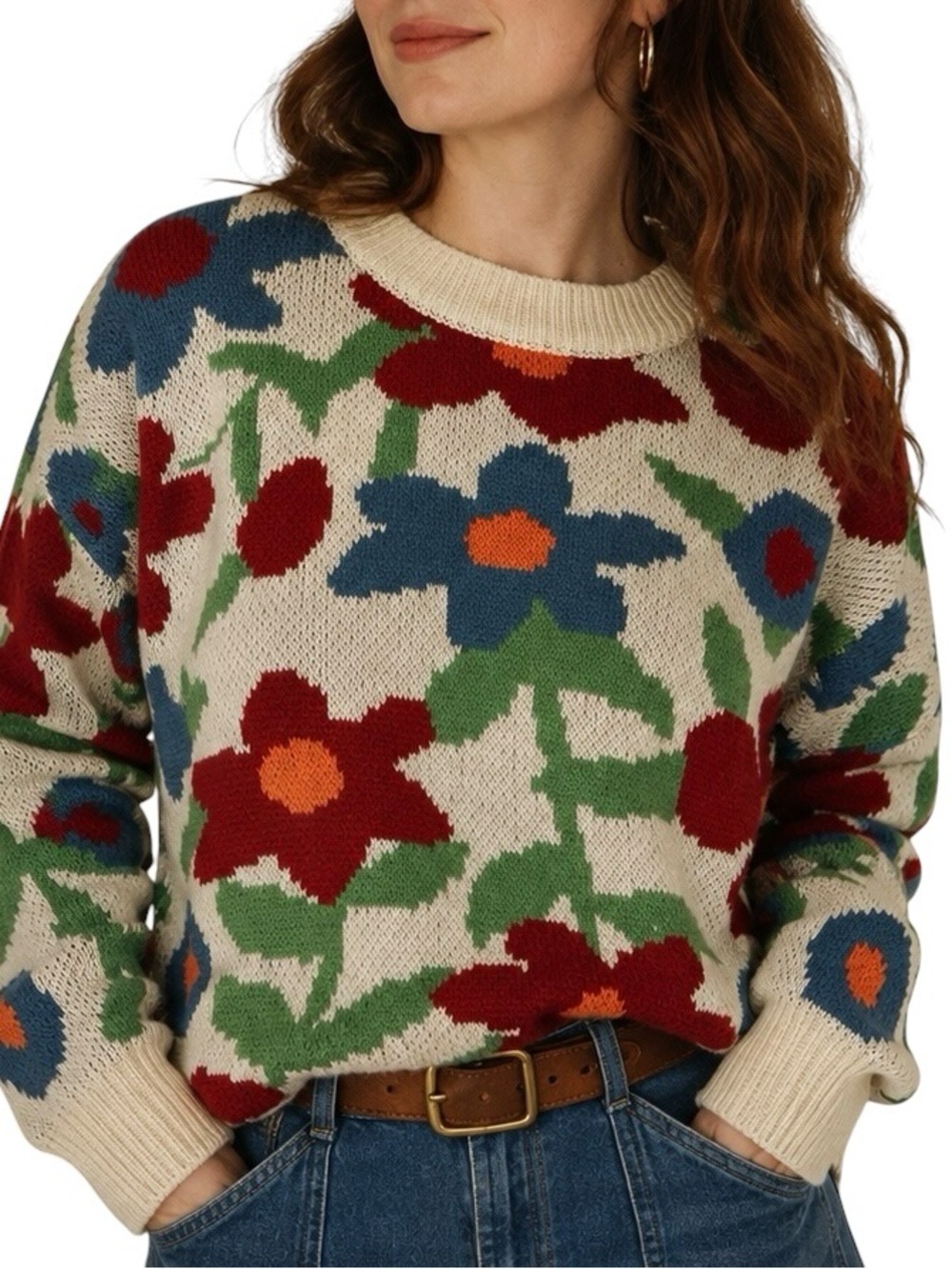BiBi Colorful Floral Knit Sweater Small Cottagecore Grandmacore Retro
